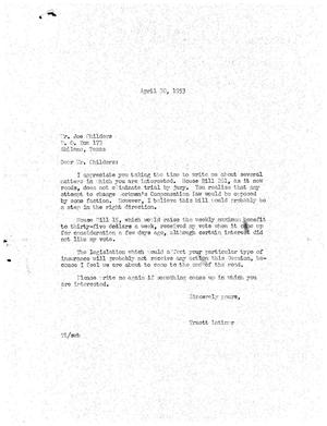 [Letter from Truett Latimer to Joe Childers, April 30, 1953]