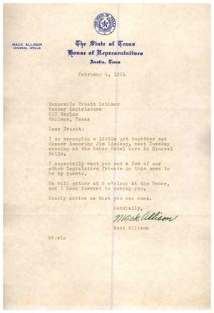Primary view of object titled '[Letter from Mack Allison to Truett Latimer, February 4, 1954]'.