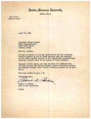 Primary view of object titled '[Letter from Robert A. Collins to Truett Latimer, April 22, 1954]'.
