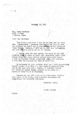[Letter from Truett Latimer to Mrs. Bryan Bradbury, February 10, 1953]