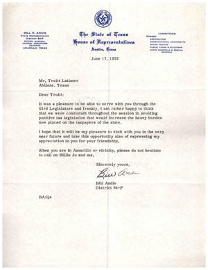 [Letter from Bill R. Andis to Truett Latimer, June 17, 1953]