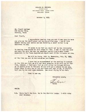 [Letter from Hulon B. Brown to Truett Latimer, October 1, 1954]