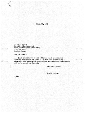 Primary view of object titled '[Letter from Truett Latimer to Ed C. Burris, March 27, 1953]'.