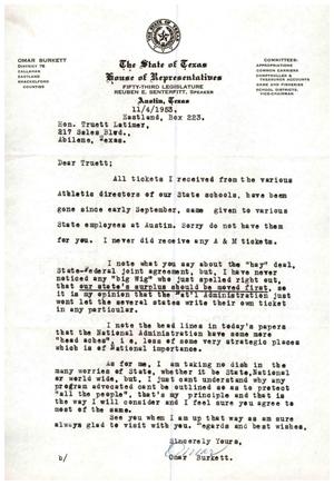 [Letter from Omar Burkett to Truett Latimer, November 4, 1953]