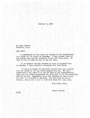 [Letter from Truett Latimer to Omar Burkett, November 3, 1953]