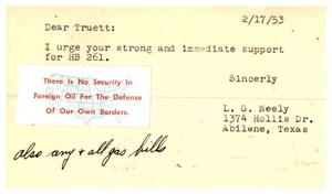 [Letter from L. G. Neely to Truett Latimer, February 17 1953]