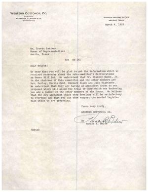 [Letter from Horace R. Belew to Truett Latimer, March 4, 1953]