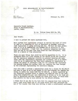 [Letter from Bryan Bradbury to Truett Latimer, February 20, 1953]