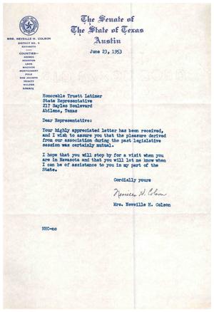 [Letter from Mrs. Neveille H. Colson to Truett Latimer, June 23, 1953]