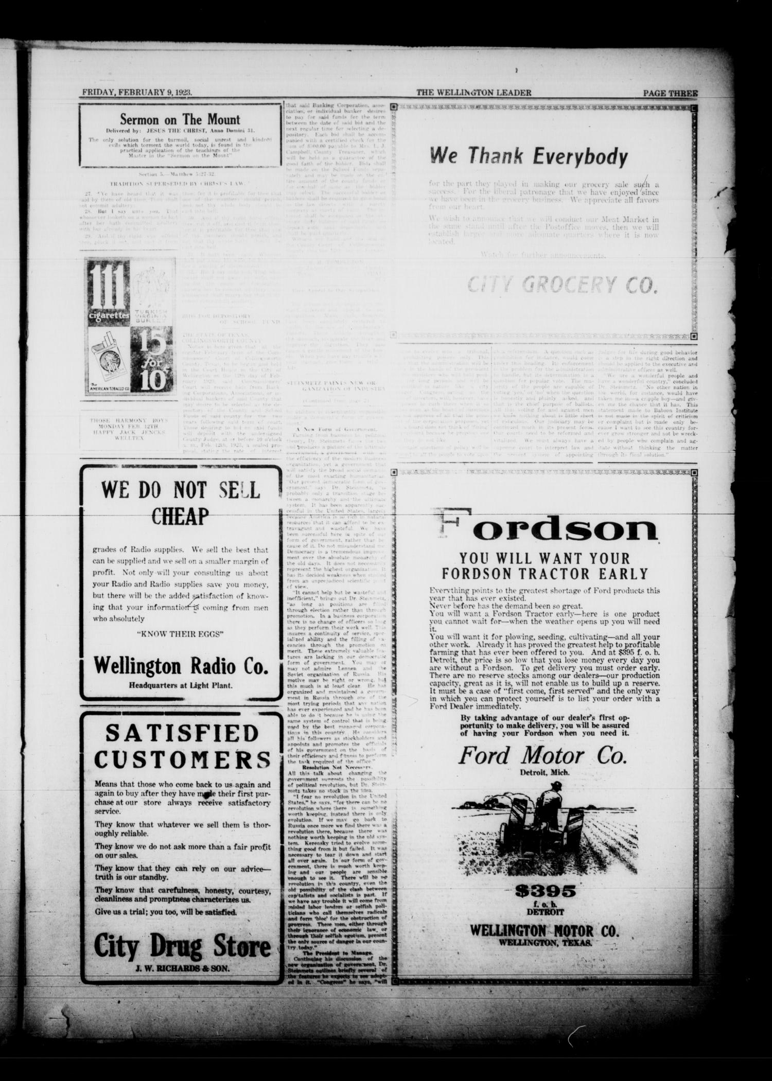 The Wellington Leader (Wellington, Tex.), Vol. 14, No. 28, Ed. 1 Friday, February 9, 1923
                                                
                                                    [Sequence #]: 3 of 16
                                                