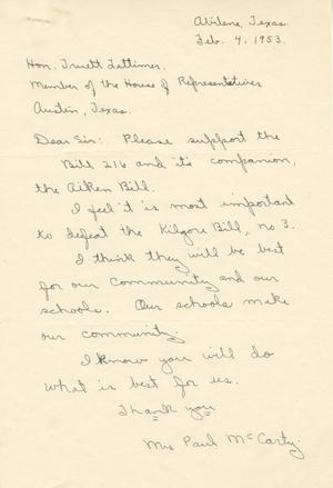[Letter from Mrs. Paul McCarty to Truett Latimer, February 4, 1953]