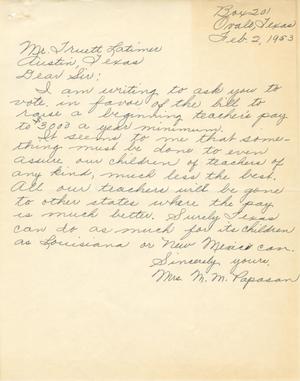 [Letter from Mrs. M. M. Papasan to Truett Latimer, February 2, 1953]