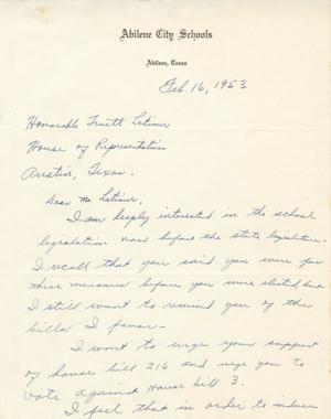 [Letter from Ike N. Day to Truett Latimer, February 16, 1953]
