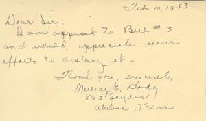 [Letter from Murray E. Bady to Truett Latimer, Febraury 10, 1953]