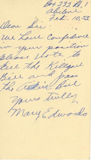 [Letter from Mary Edwards to Truett Latimer, February 10, 1953]