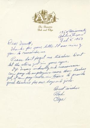 [Letter from Bob and Olga Bassetti to Truett Latimer, February 8, 1953]