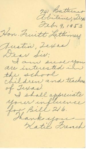 [Letter from Katie Trench to Truett Latimer, February 9, 1953]