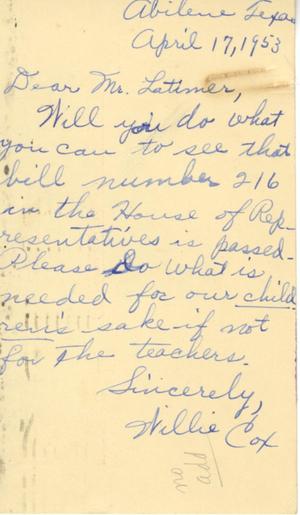 [Letter from Willie Cox to Truett Latimer, April 17, 1953]