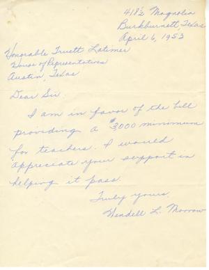 [Letter from Wendell L. Morrow to Truett Latimer, April 6, 1953]
