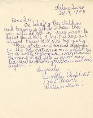 [Letter from Lucille Lockhail to Truett Latimer, February 9, 1953]