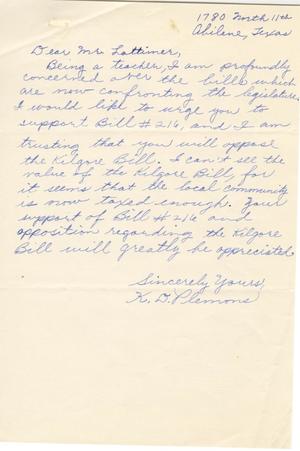 [Letter from K. D. Plemons to Truett Latimer, February, 1953]