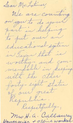 [Letter from Mrs. H. A. Callaway to Truett Latimer, February 10, 1953]