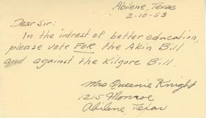 [Letter from Mrs. Queenie Knight to Truett Latimer, February 10, 1953]