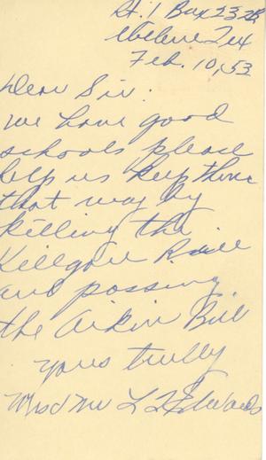 [Letter from Mr. and Mrs. L. D. Edwards to Truett Latimer, February 10, 1953]