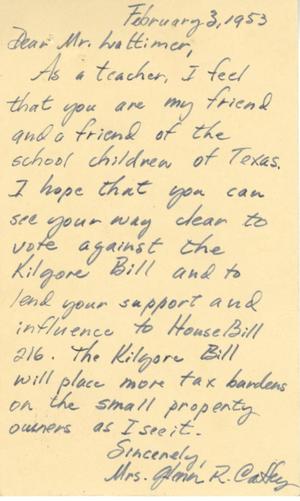 [Letter from Mrs. Glenn R. Caffey to Truett Latimer, February 3, 1953]