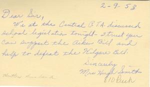 [Letter from Mrs. Hugh Smith to Truett Latimer, February 9, 1953]
