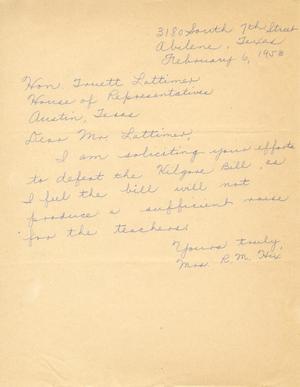 [Letter from Mrs. R. M. Hix to Truett Latimer, February 6, 1953]