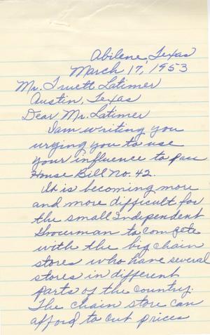 [Letter from Mrs. E. F. Shotwell to Truett Latimer, March 17, 1953]