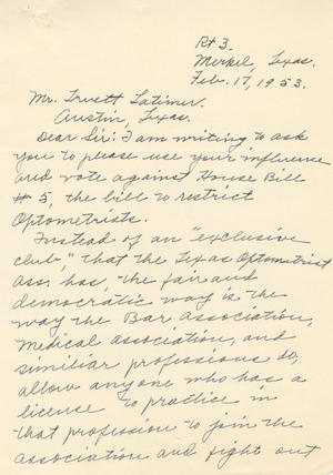 [Letter from M. R. Hail, Mrs. M. R. Hail, and F. D. Hail to Truett Latimer, February 17, 1953]