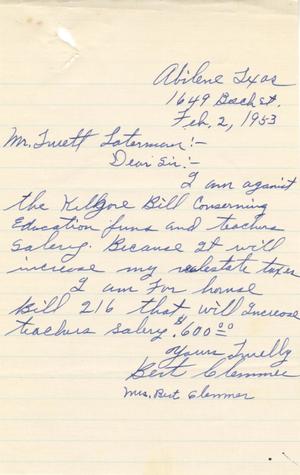 [Letter from Mr. Bert Clemmen and Mrs. Bert Clemmen to Truett Latimer, February 2, 1953]