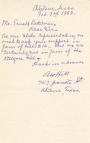 [Letter from A. W. Hill to Truett Latimer, February 3, 1953]