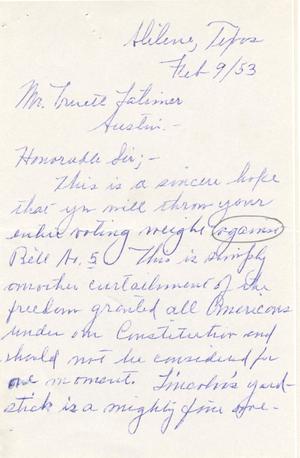 [Letter from Ada R. Mellish to Truett Latimer, February 9, 1953]