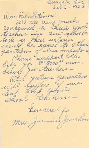 [Letter from Jennine Jenkins to Truett Latimer, February 3, 1953]