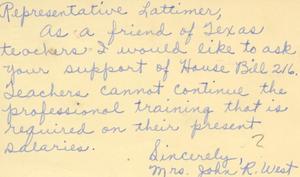 [Letter from Mrs. John R. West to Truett Latimer, February 10, 1953]