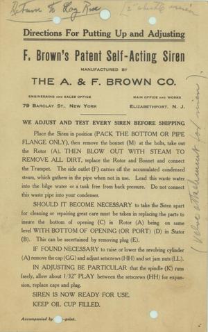 Directions for putting up and adjusting F. Brown's self-acting siren