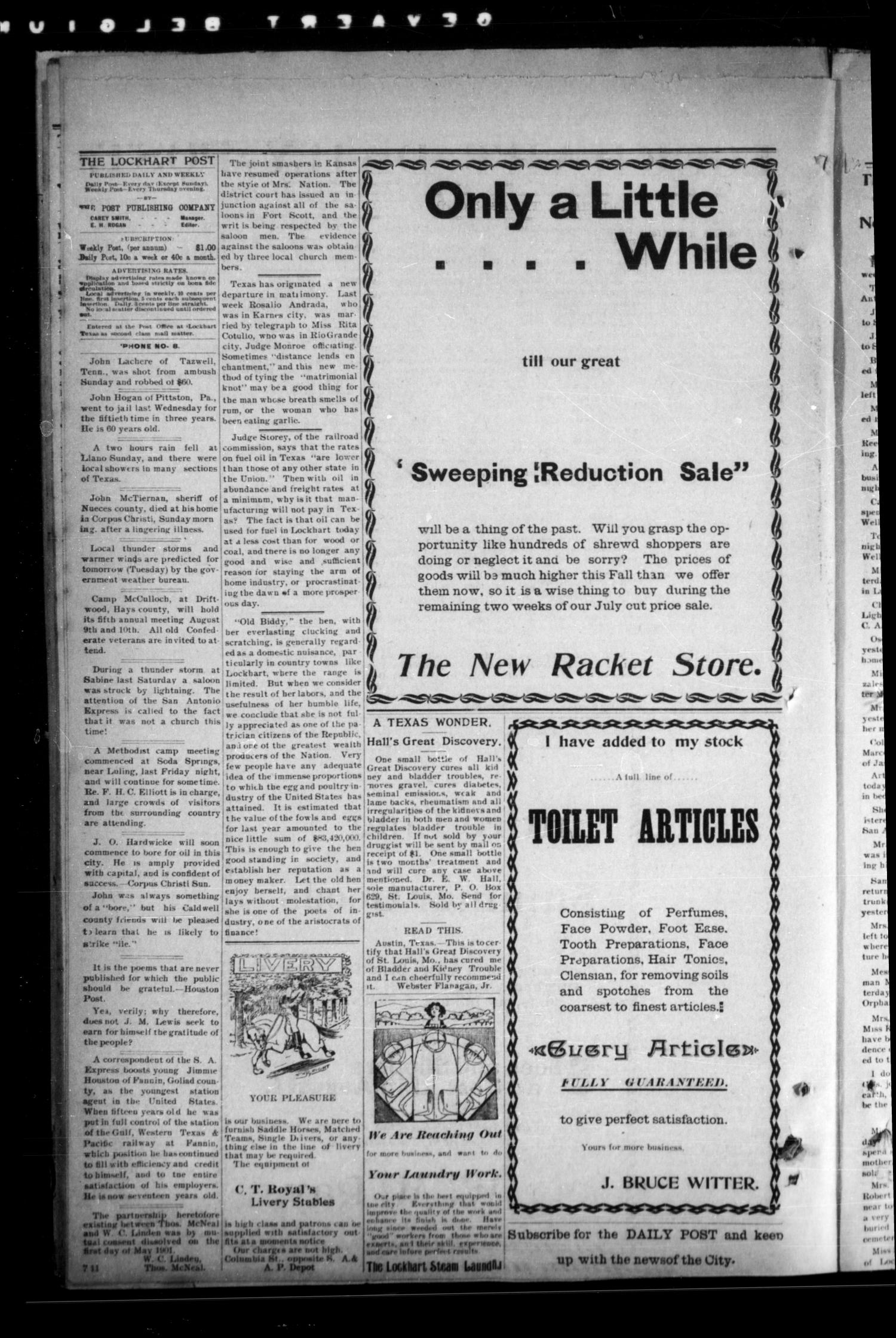Lockhart Daily Post. (Lockhart, Tex.), Vol. 1, No. 140, Ed. 1 Monday, July 22, 1901
                                                
                                                    [Sequence #]: 2 of 4
                                                