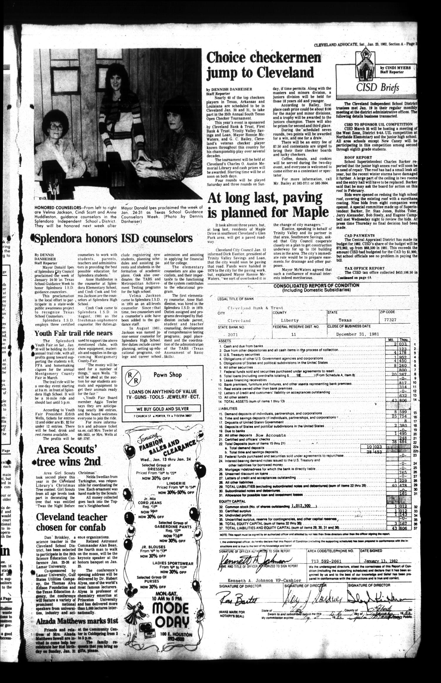 The Cleveland Advocate (Cleveland, Tex.), Vol. 63, No. 8, Ed. 1 Saturday, January 23, 1982
                                                
                                                    [Sequence #]: 3 of 14
                                                