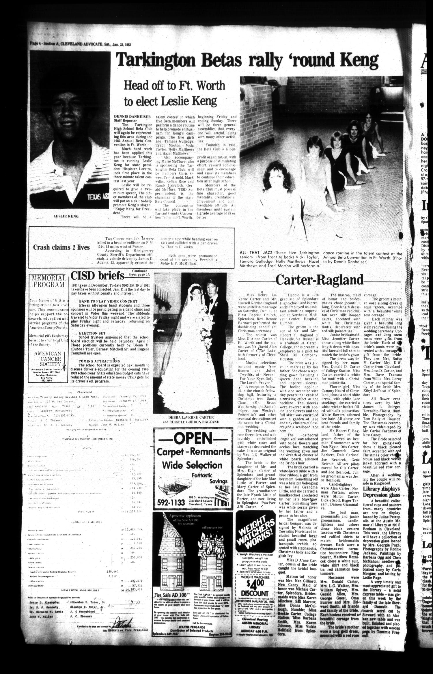 The Cleveland Advocate (Cleveland, Tex.), Vol. 63, No. 8, Ed. 1 Saturday, January 23, 1982
                                                
                                                    [Sequence #]: 4 of 14
                                                