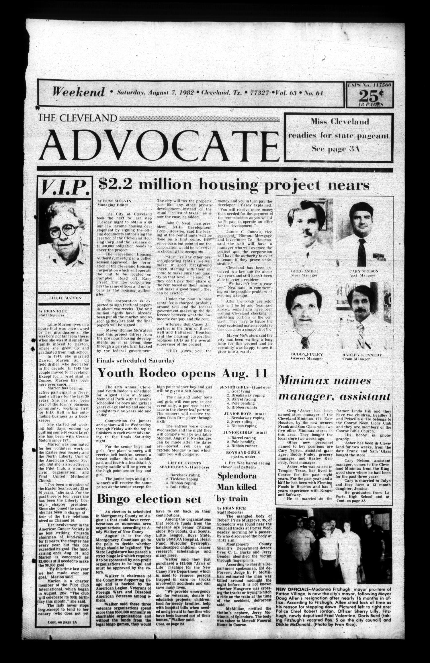 The Cleveland Advocate (Cleveland, Tex.), Vol. 63, No. 64, Ed. 1 Saturday, August 7, 1982
                                                
                                                    [Sequence #]: 1 of 18
                                                