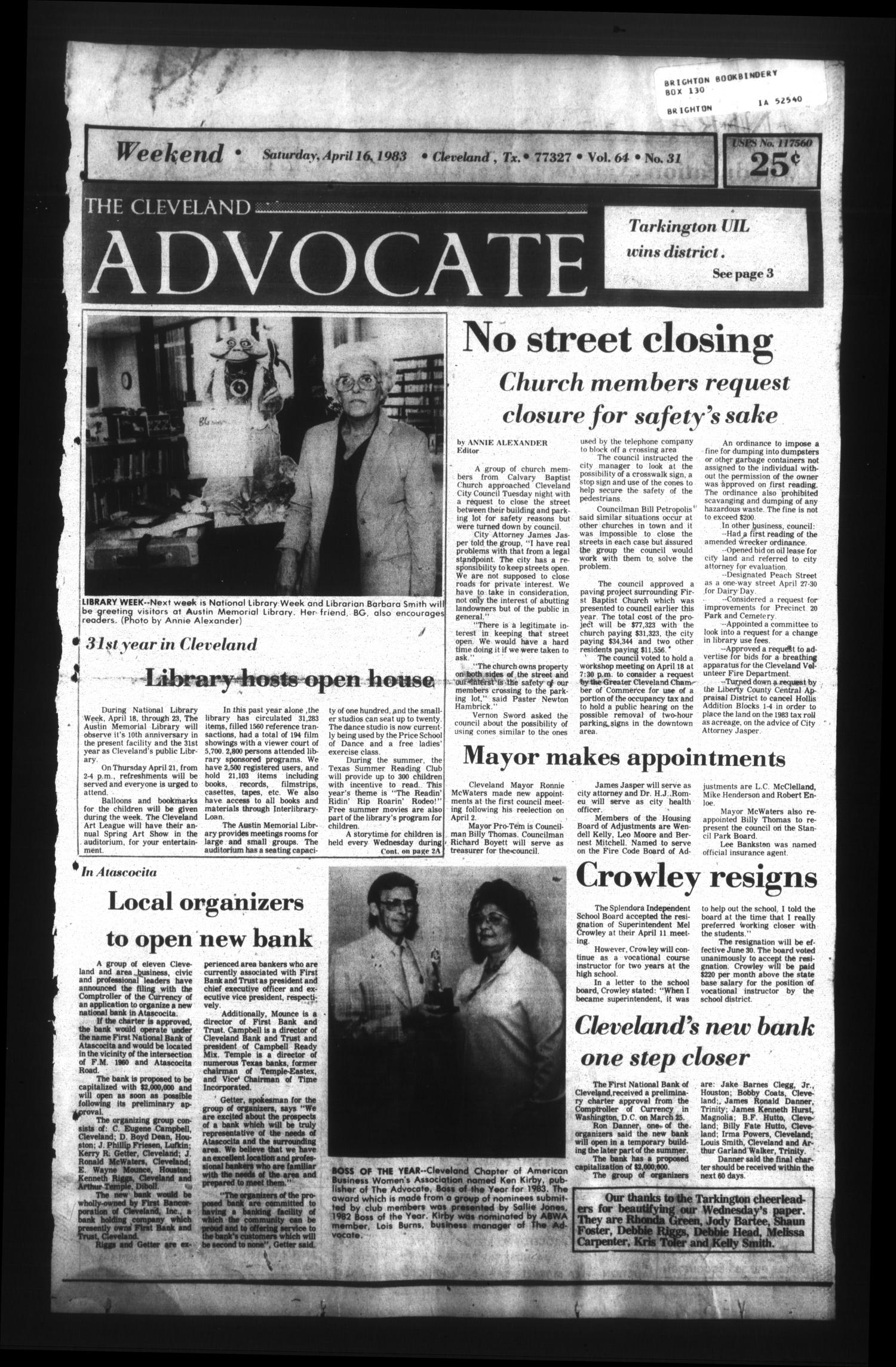 The Cleveland Advocate (Cleveland, Tex.), Vol. 64, No. 31, Ed. 1 Saturday, April 16, 1983
                                                
                                                    [Sequence #]: 1 of 12
                                                