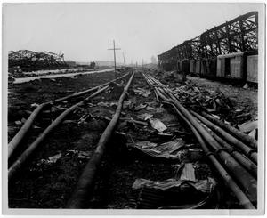 Primary view of object titled '[Pipelines and freight cars near the piers after the 1947 Texas City Disaster]'.