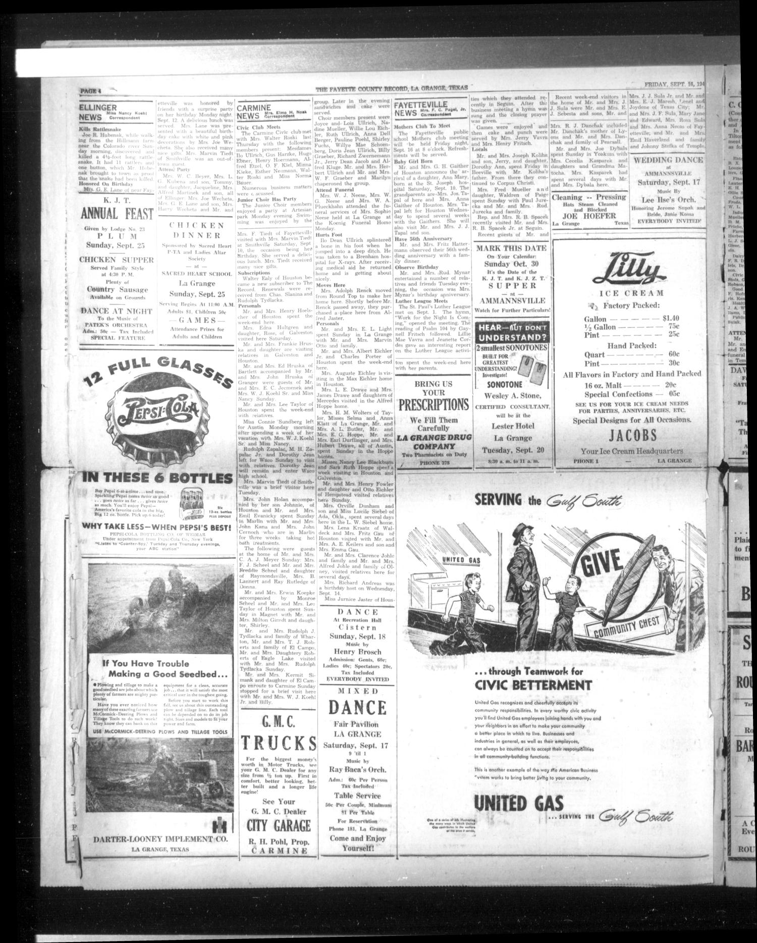 The Fayette County Record (La Grange, Tex.), Vol. 27, No. 92, Ed. 1 Friday, September 16, 1949
                                                
                                                    [Sequence #]: 4 of 6
                                                