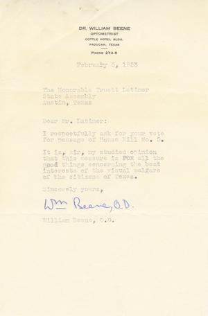 Primary view of object titled '[Letter from William Beene to Truett Latimer, February 5, 1953]'.
