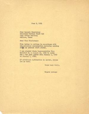 [Letter from Truett Latimer to Georgie Singletary, June 5, 1954]