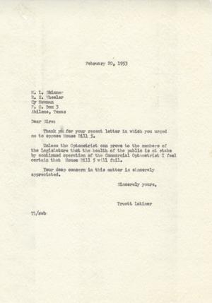 Primary view of object titled '[Letter from Truett Latimer to H. L. Skinner, February 20, 1953]'.