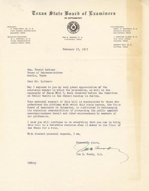 Primary view of object titled '[Letter from Ira E. Woods to Truett Latimer, February 17, 1953]'.